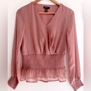 Japna Singh Elegant Dusty Pink Mauve Sheer V-Neck Surplice Long Sleeve Blouse M
